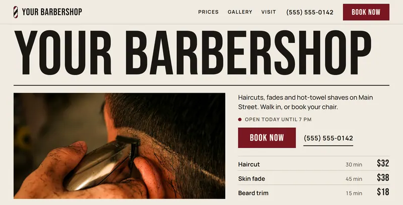 A website for a barbershop: the shop's name in very large type, a photo of a haircut, the three most booked services with their prices, and a Book now button.