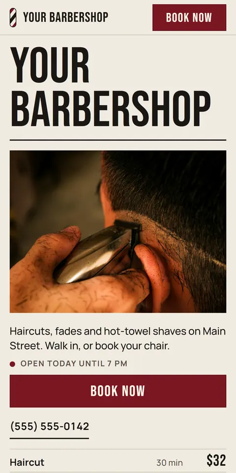 A website for a barbershop: the shop's name in very large type, a photo of a haircut, the three most booked services with their prices, and a Book now button.